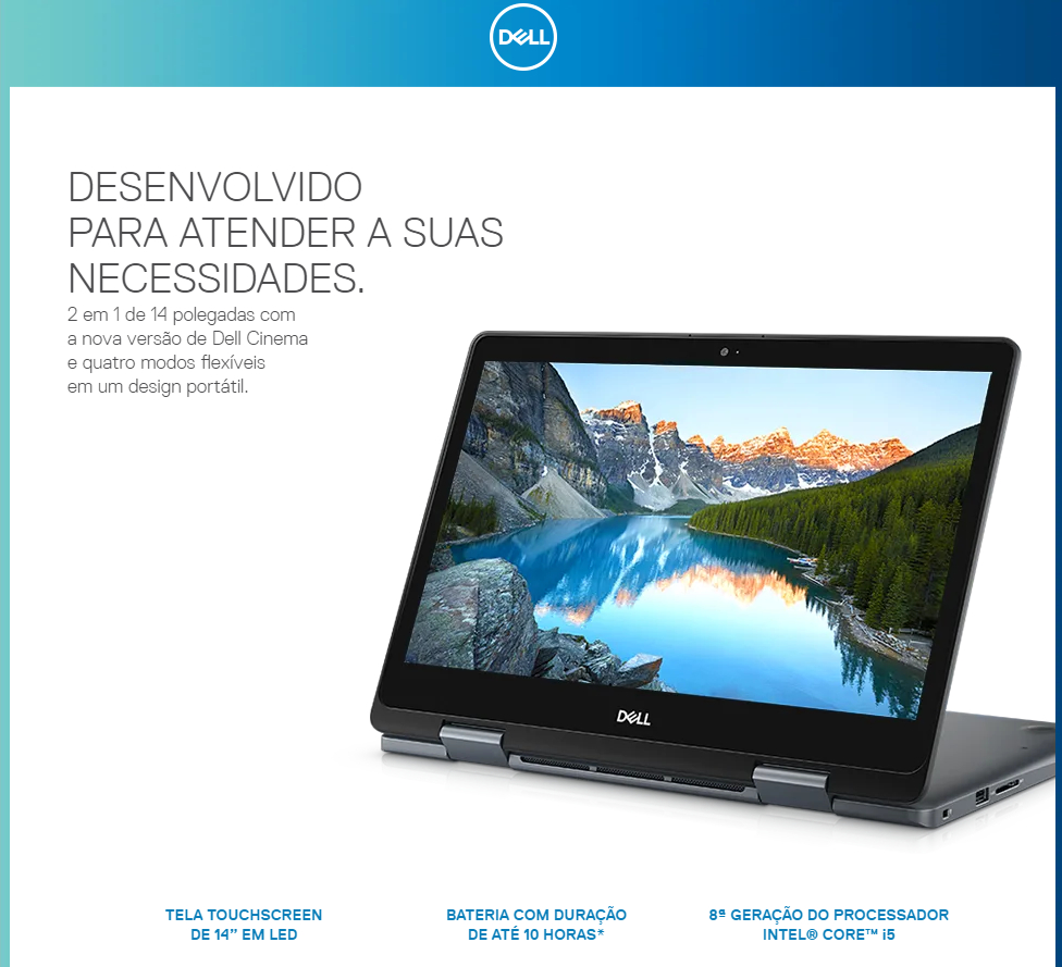 Notebook 2 em 1 Dell Inspiorion i14-5481-A20S Intel Core I5-8265U 8 GB RAM HD 1TB 14 Touch Screen 